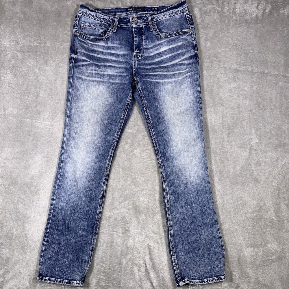 BKE Mason Straight Tapered Stretch Jeans Mens 33x32 (Fits 33x31) Blue Whiskered - Picture 1 of 11
